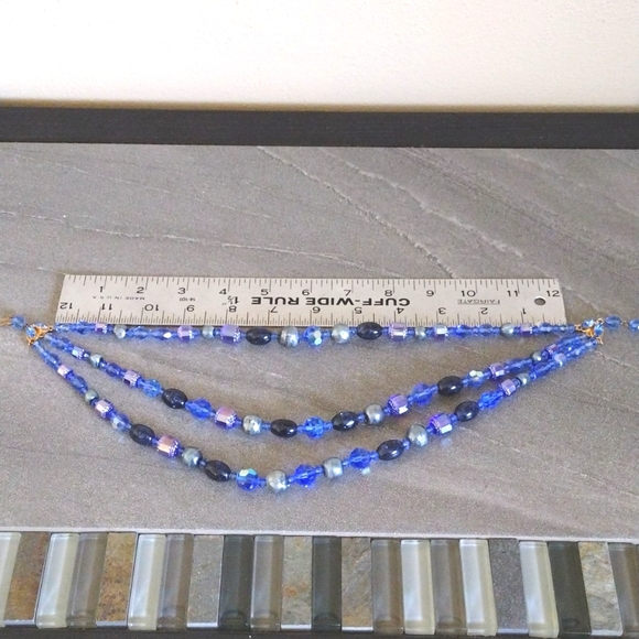 Glass Triple Strand Deep Blue Necklace 12-13" with 3" Extender Hook Clasp - Picture 6 of 7
